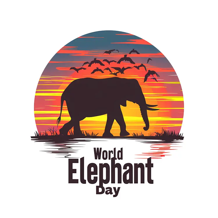 World Elephant Day Poster with Sunset and Birds