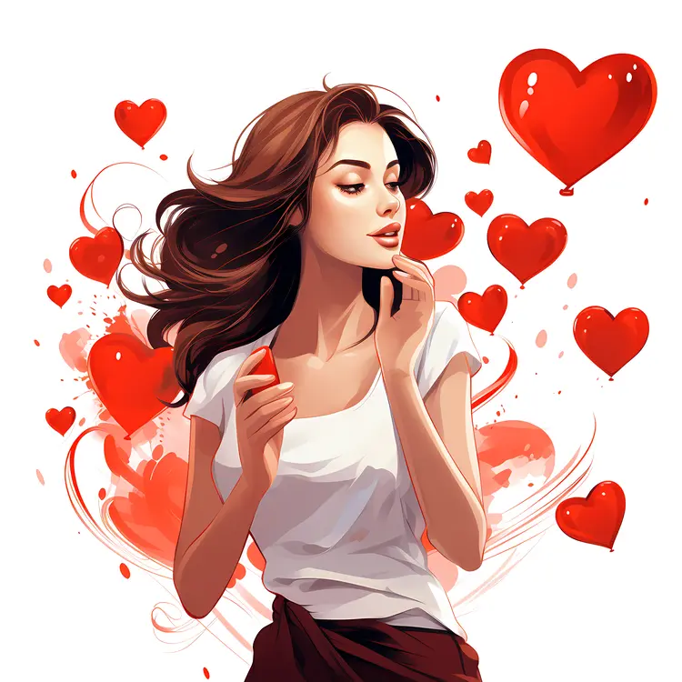 Girl Surrounded by Red Heart Balloons