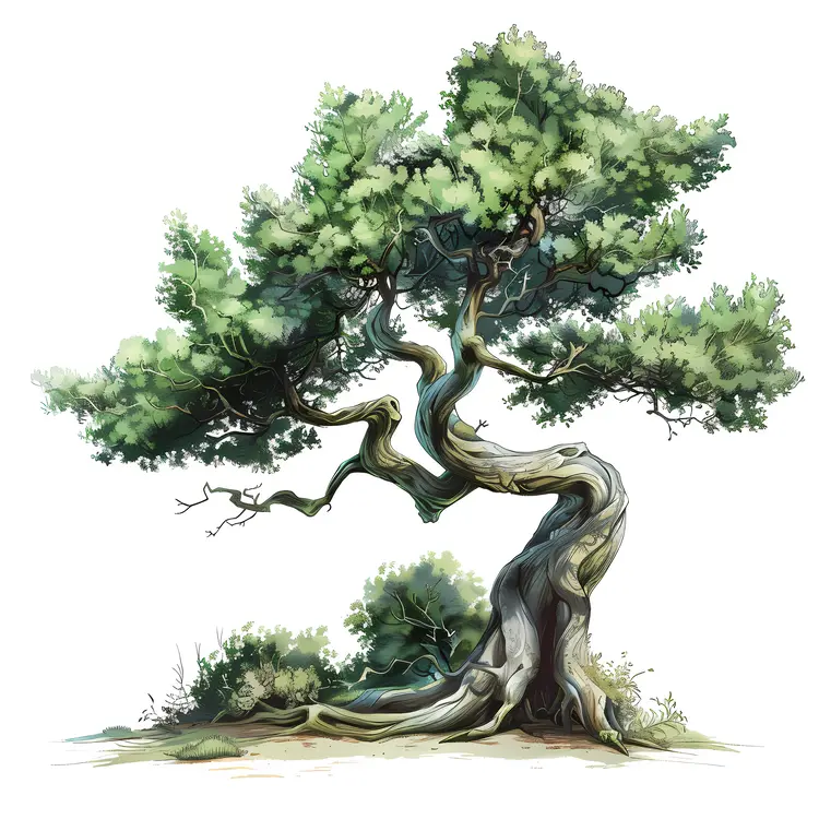 Twisted Tree with Green Leaves