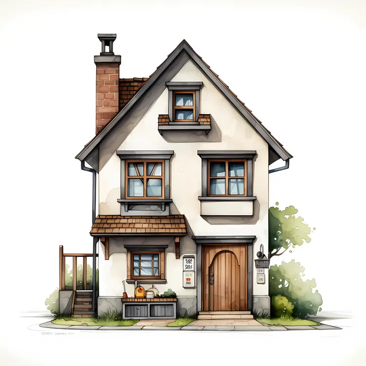 Small cute doodle house with plants and street lamp