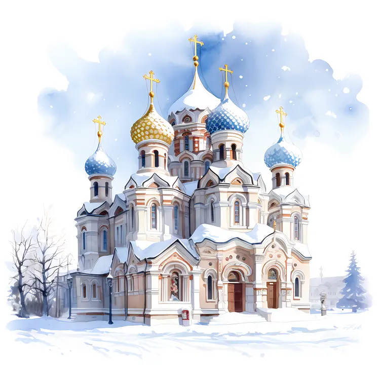Snowy Russian Orthodox Church with Golden and Blue Domes