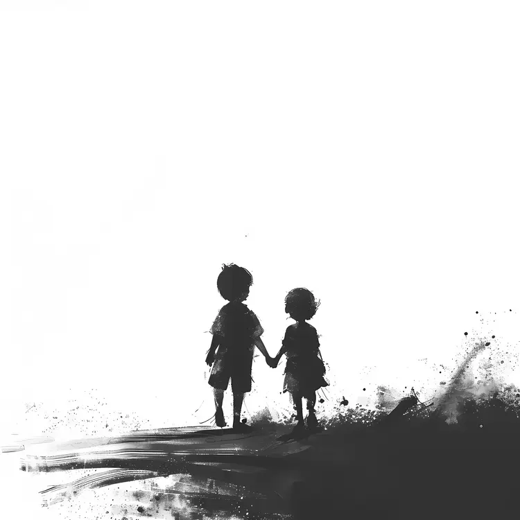 Children Silhouettes Holding Hands in Abstract Art