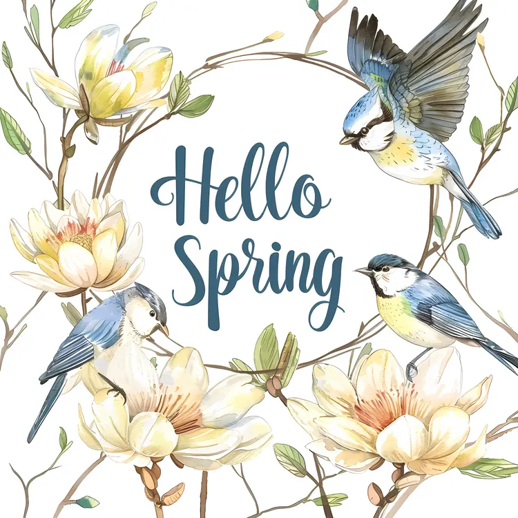 Hello Spring with Birds and Magnolia Flowers