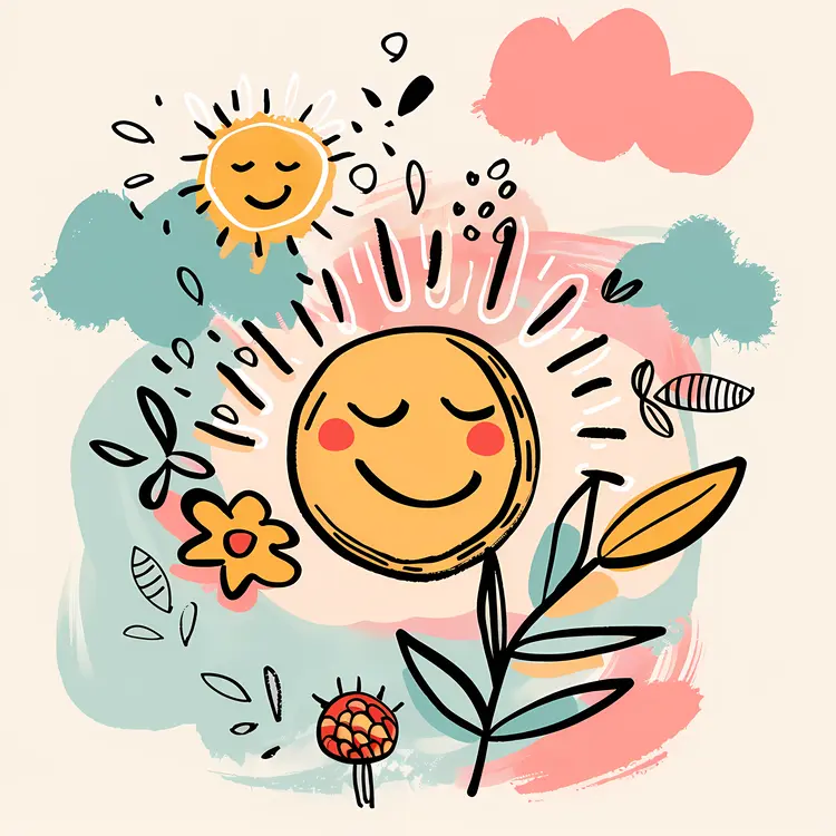 Happy Sun with Flowers and Leaves