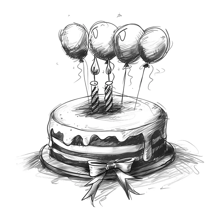 Sketch of Birthday Cake with Balloons and Candles