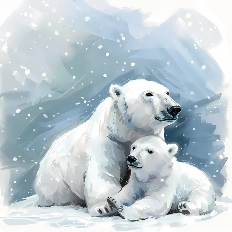 Polar Bear Mother and Cub in Snow