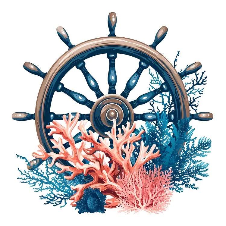 Ship Wheel with Coral and Ocean