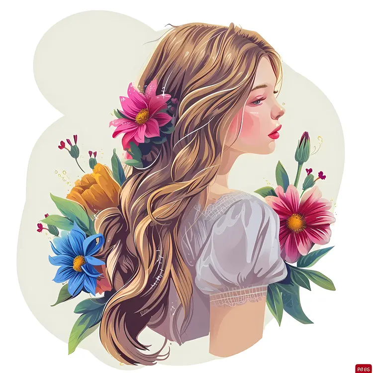 Blonde Woman with Flowers in Profile View