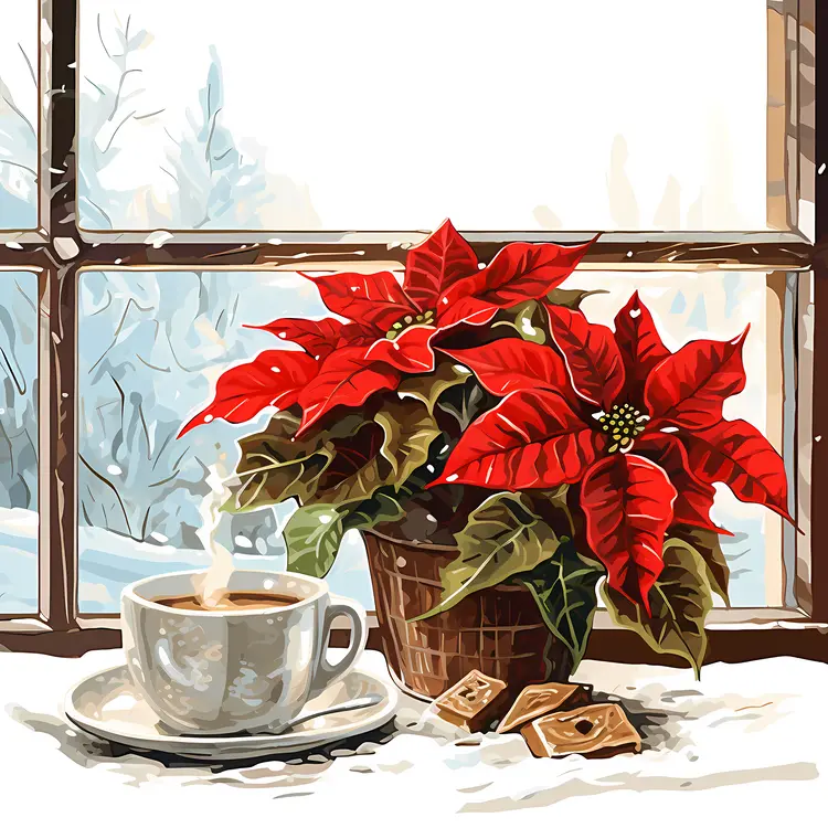 Red Poinsettia by the Window with Coffee Cup