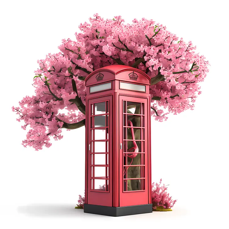 Red Phone Booth with Cherry Blossom Tree