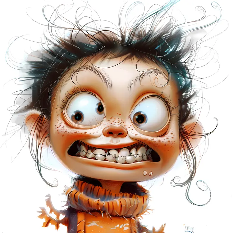 Crazy Face with Big Eyes and Wild Hair