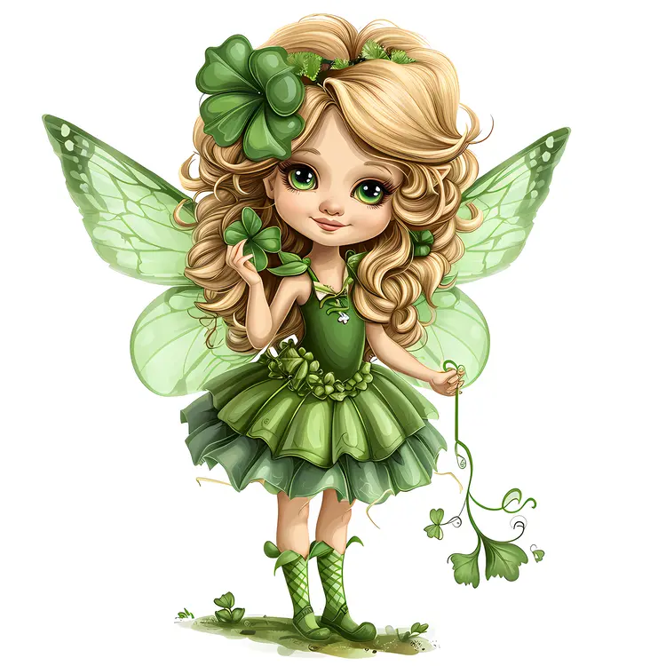 Blonde Green Fairy with Clover and Wings