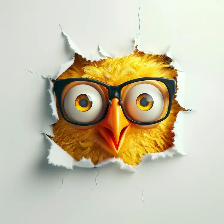 Yellow Bird with Glasses Peeking Through Wall