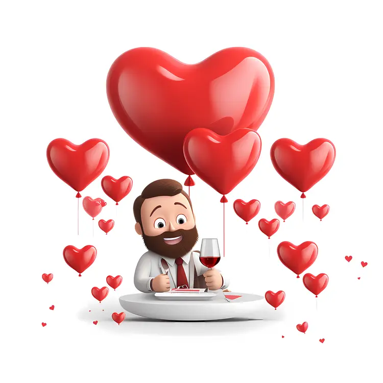 Man with Heart Balloons and Wine Glass