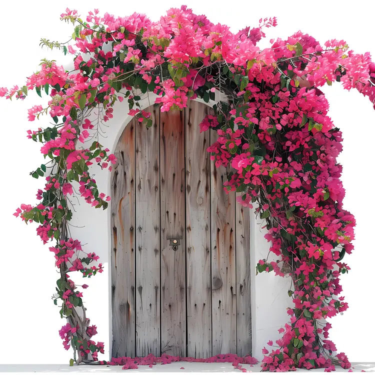 Rustic Wooden Door with Pink Bougainvillea Arch
