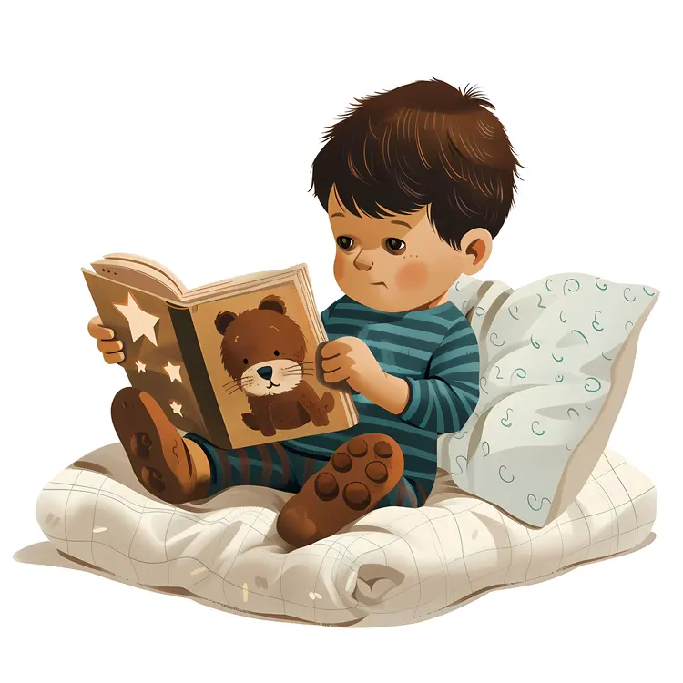 Boy Reading Book with Teddy Bear