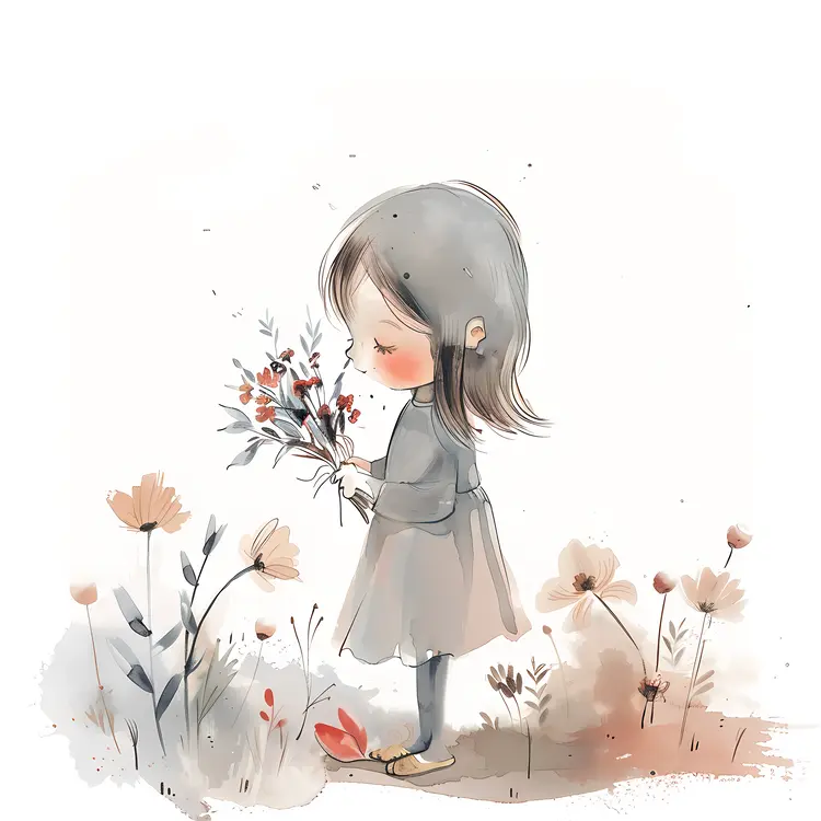 Little Girl Holding Flowers in a Field