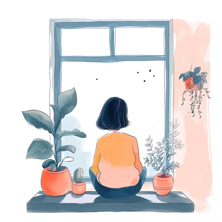Girl Sitting at Window with Plants
