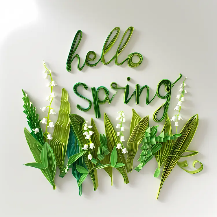 Hello Spring Text with Green Leaves and Flowers