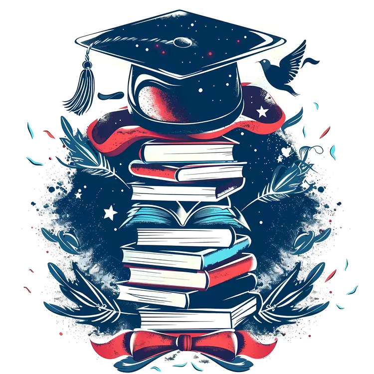 Graduation Cap with Books and Bird