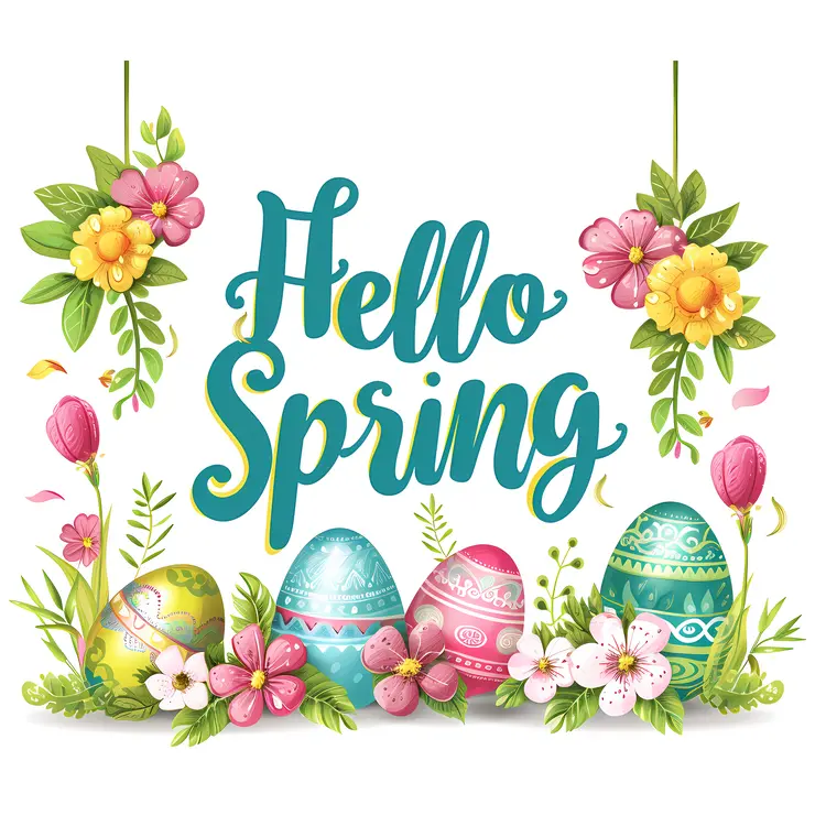 Hello Spring with Colorful Eggs and Flowers