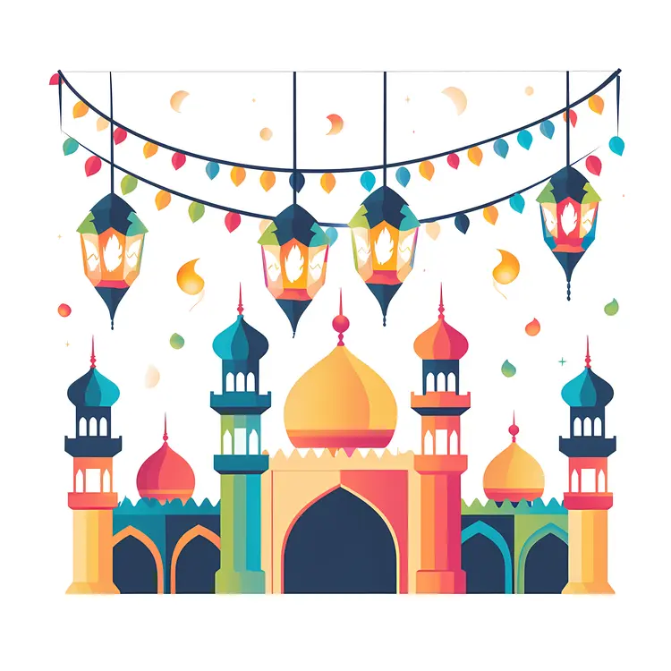 Colorful Mosque with Hanging Lanterns and Lights