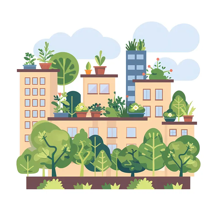 Urban Rooftop Garden with Potted Plants
