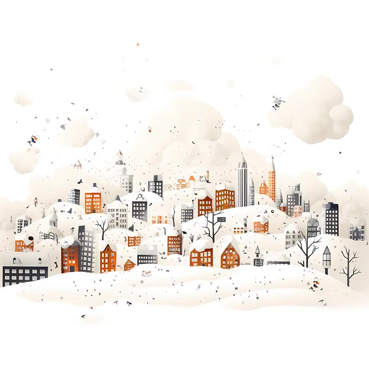 Snowy Winter Town with Hills and Buildings