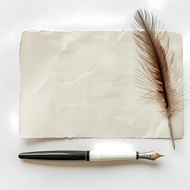 White Fountain Pen with Feather and Paper