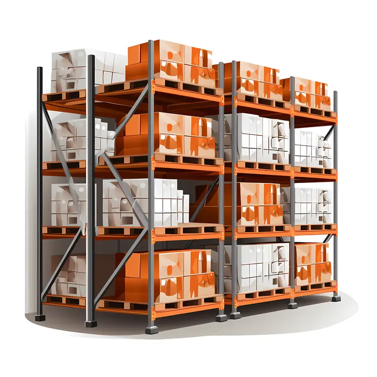 Warehouse Shelves with Boxes and Pallets