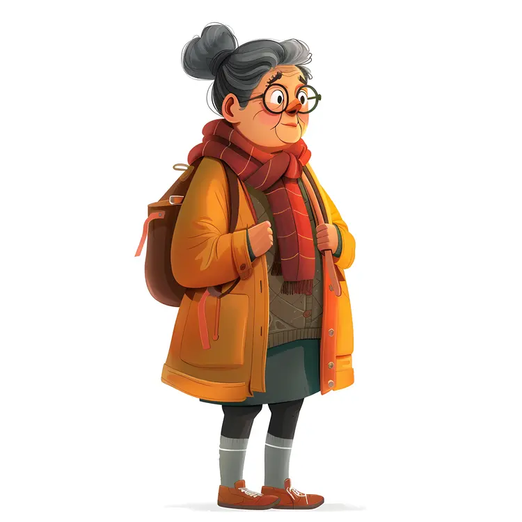 Elderly Woman with Backpack and Scarf