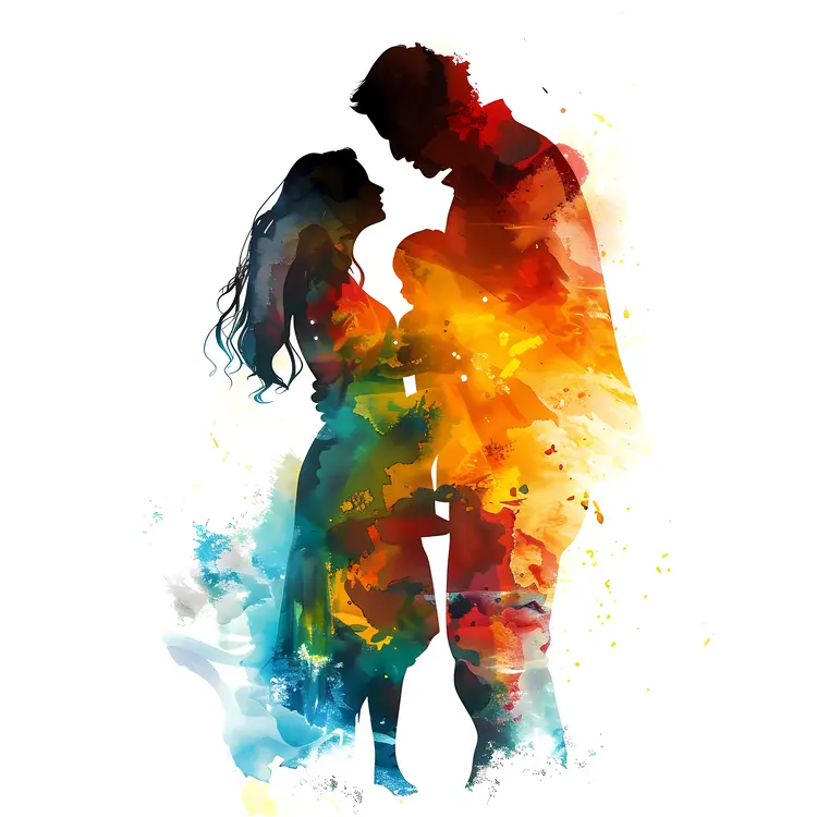 Colorful Watercolor Couple Silhouette