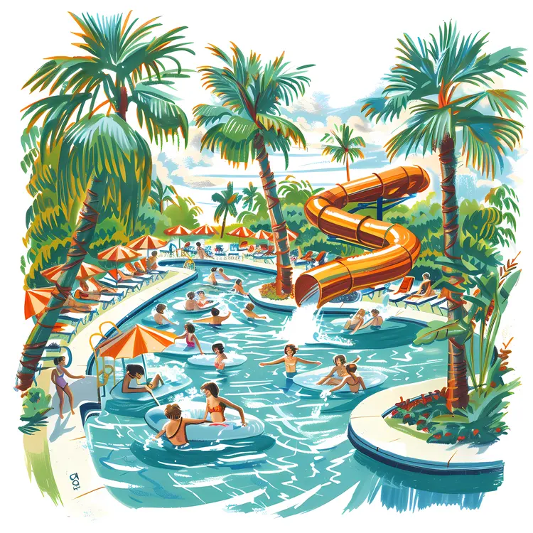 Crowded Water Park with Slide and Palm Trees