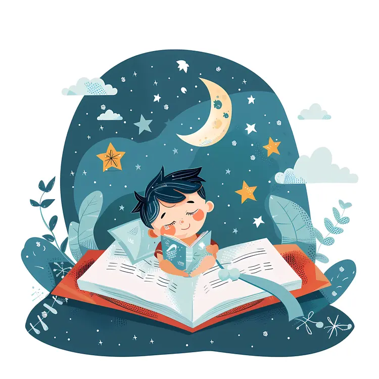 Boy Reading a Book at Night with Stars and Moon