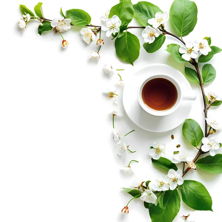 Coffee Cup with White Flowers and Green Leaves