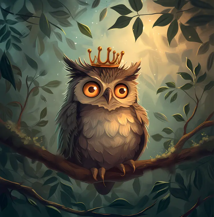 Cute Owl with Crown in Forest