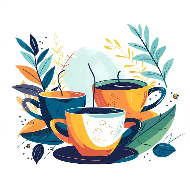 Colorful Tea Cups with Leaves