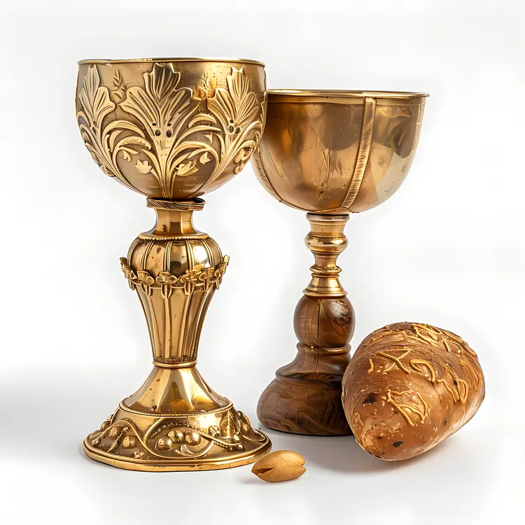 Ornate Golden Chalices with Bread for Communion