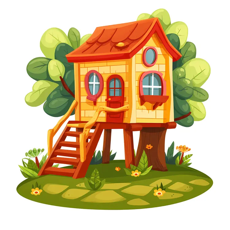 Cute Yellow Treehouse with Stairs and Green Trees