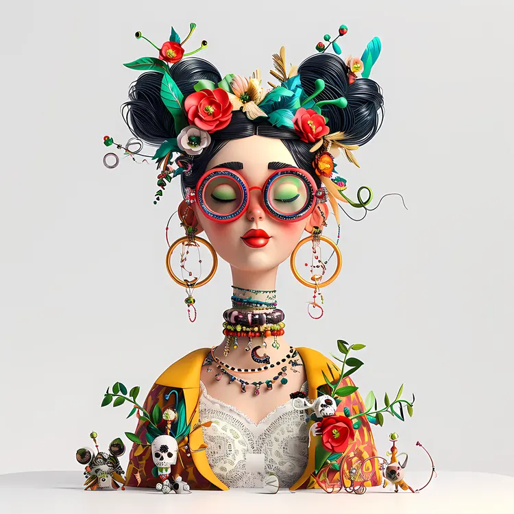 Stylized Woman with Flowers and Accessories