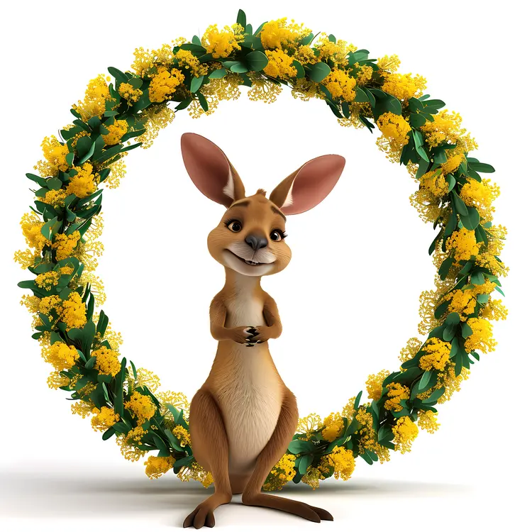 Cute Kangaroo in Yellow Floral Wreath