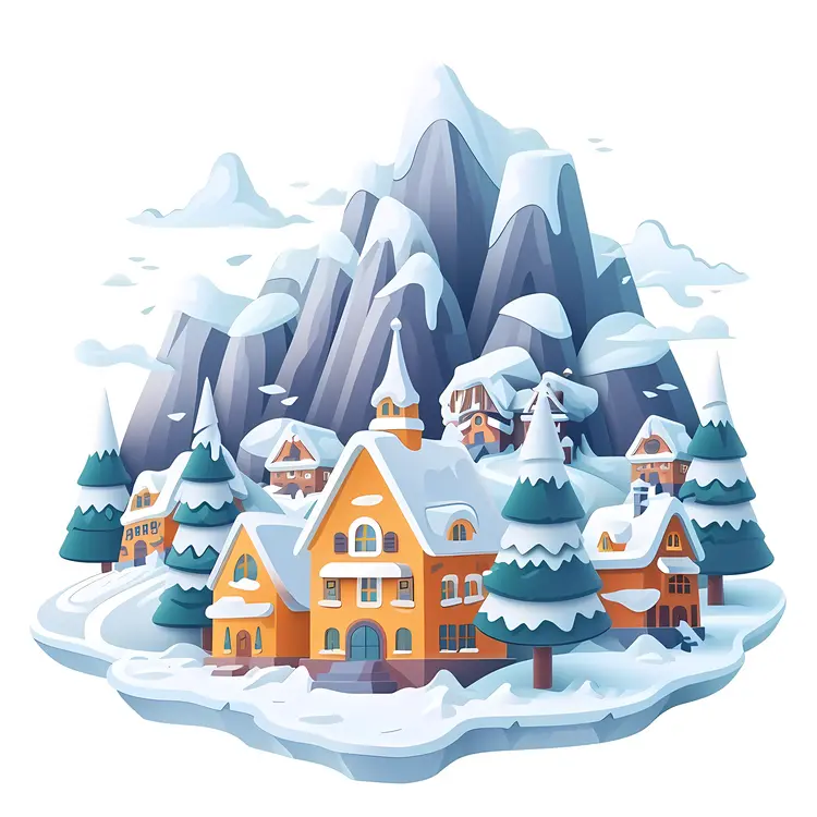 Snowy Village with Yellow Houses