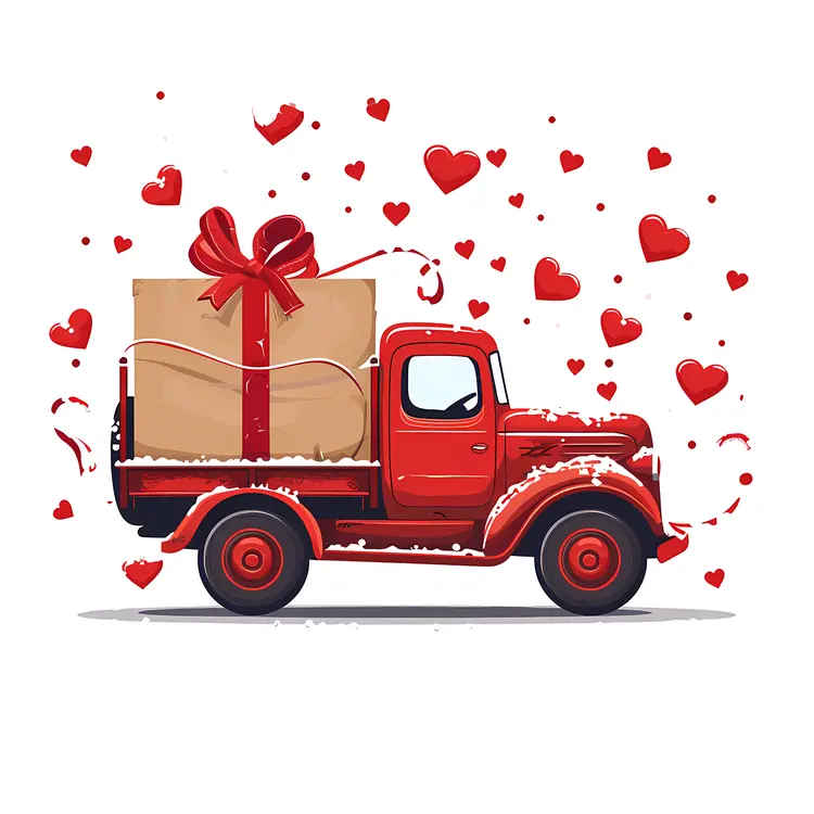 Red Truck with Gift and Hearts