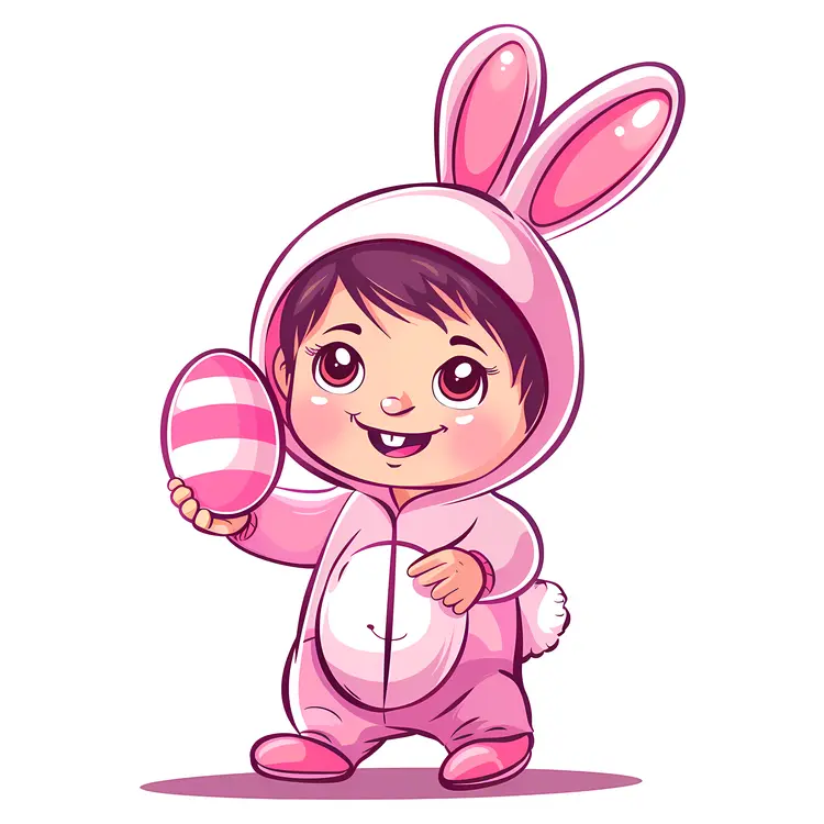 Cute Baby in Pink Bunny Costume Holding an Egg