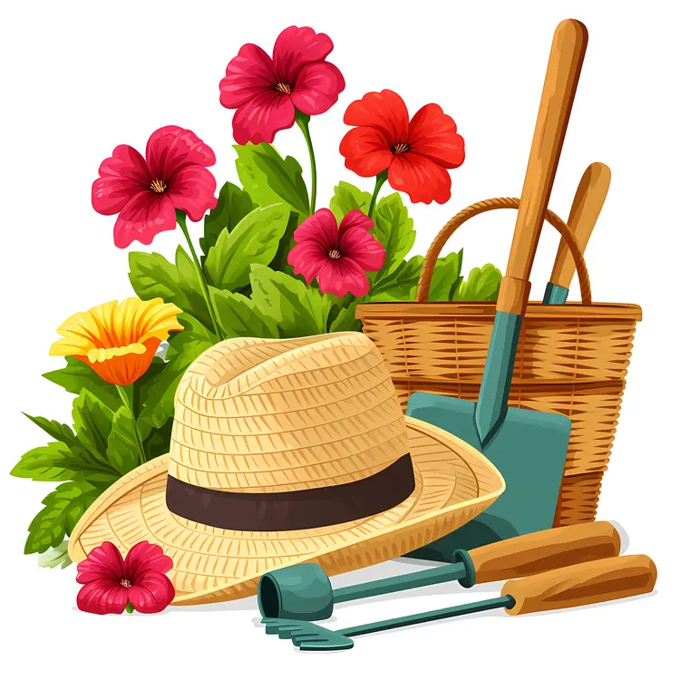 Straw Hat and Colorful Flowers with Gardening Tools