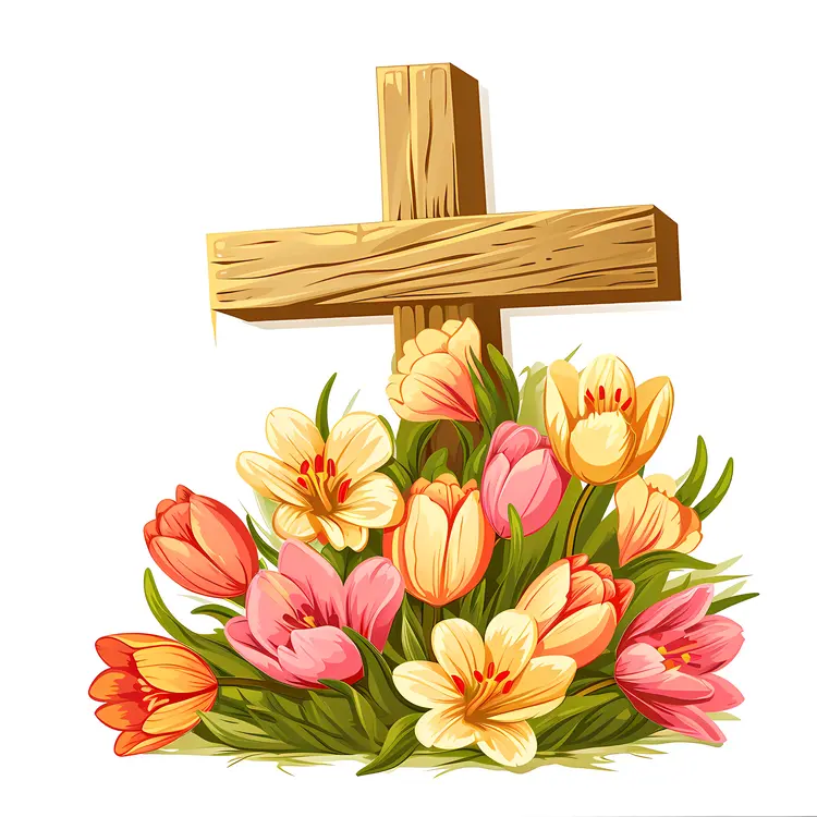 Wooden Cross with Colorful Tulips
