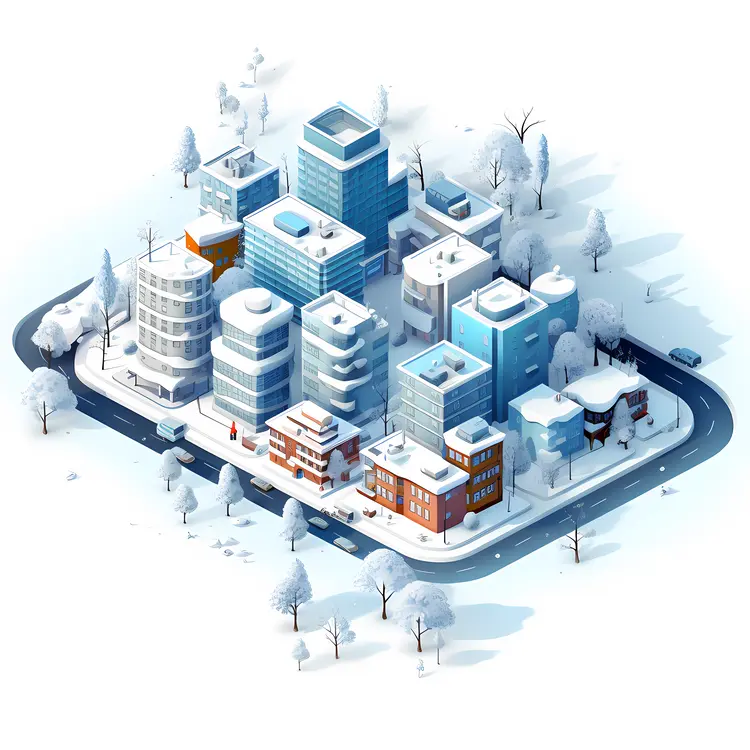 Snowy Cityscape with Modern Buildings