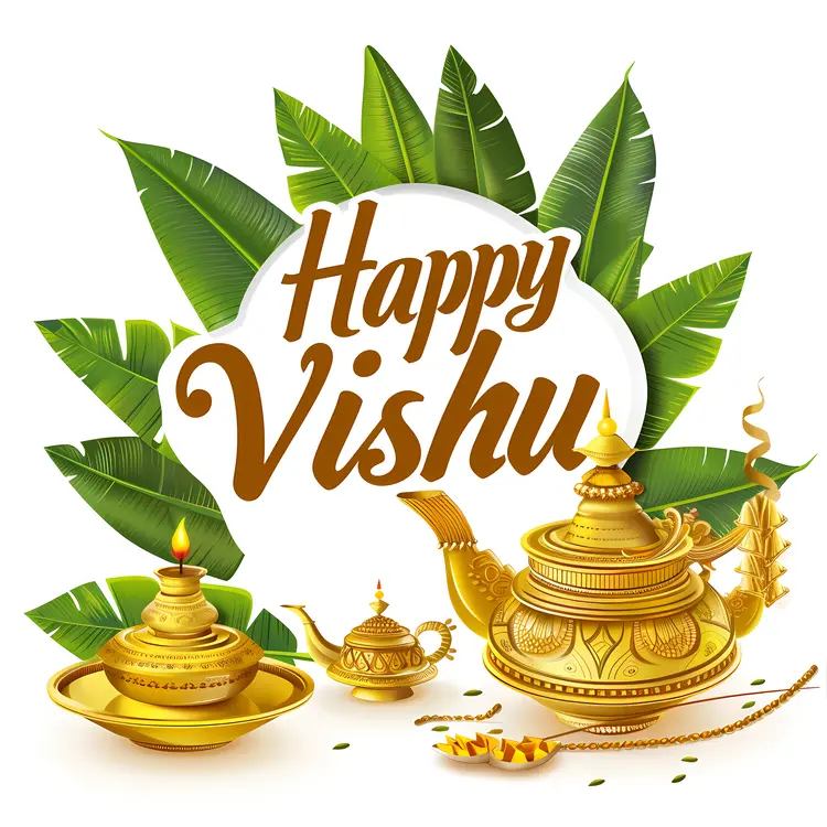 Happy Vishu with Golden Vessels and Leaves