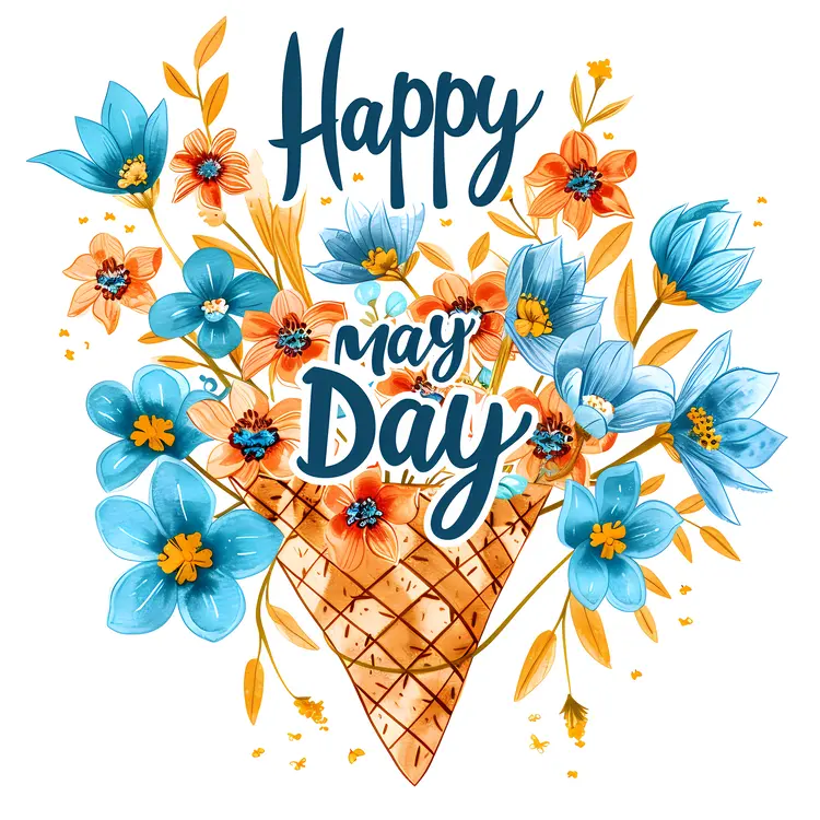 Happy May Day with Blue and Orange Flowers