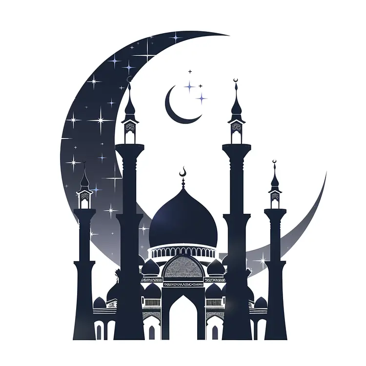 Dark Mosque with Crescent Moon and Stars